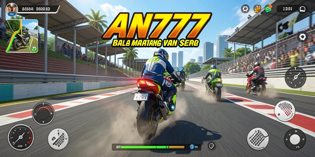 Screenshot AN777 menunjukkan aksi balapan motor yang mendebarkan.