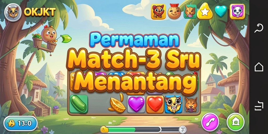 Screenshot gameplay OKJKT menampilkan level Match-3 yang seru dan menantang.