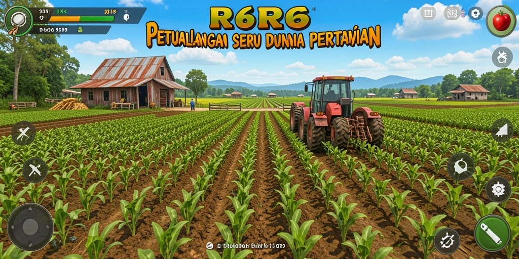 Screenshot gameplay R6R6 menampilkan ladang hijau dan aktivitas bertani.